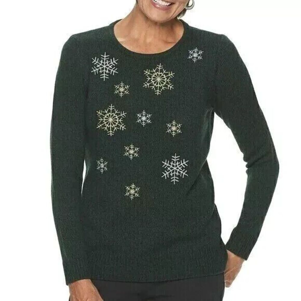 Croft & Barrow Women Holiday Sweater Snowflakes Green XL MSRP $44